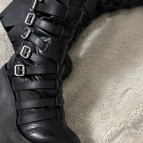 Gothic Black Buckle Strappy Monster Wedge Knee High Platform Boots - 9 - Picture 15 of 17